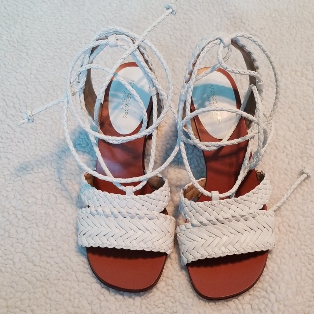 Michael Kors White Braided Lace-Up Sandals with Tan Footbed